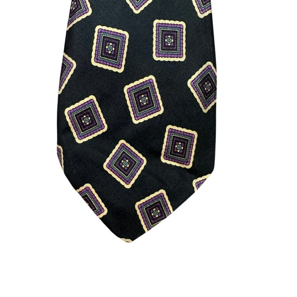 Spauldings Oak Park Wilmette Mens Silk Tie Black Purple Geometric Squares USA